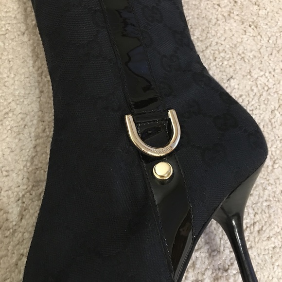 Gucci Monogram Heel Boot Black Canvas Gold Hardware Size 5.5 - Picture 3 of 5